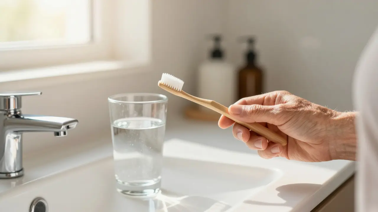 Měkký zubní kartáček a sklenice vody na koupelnovém pultu jako symbol jemné péče.