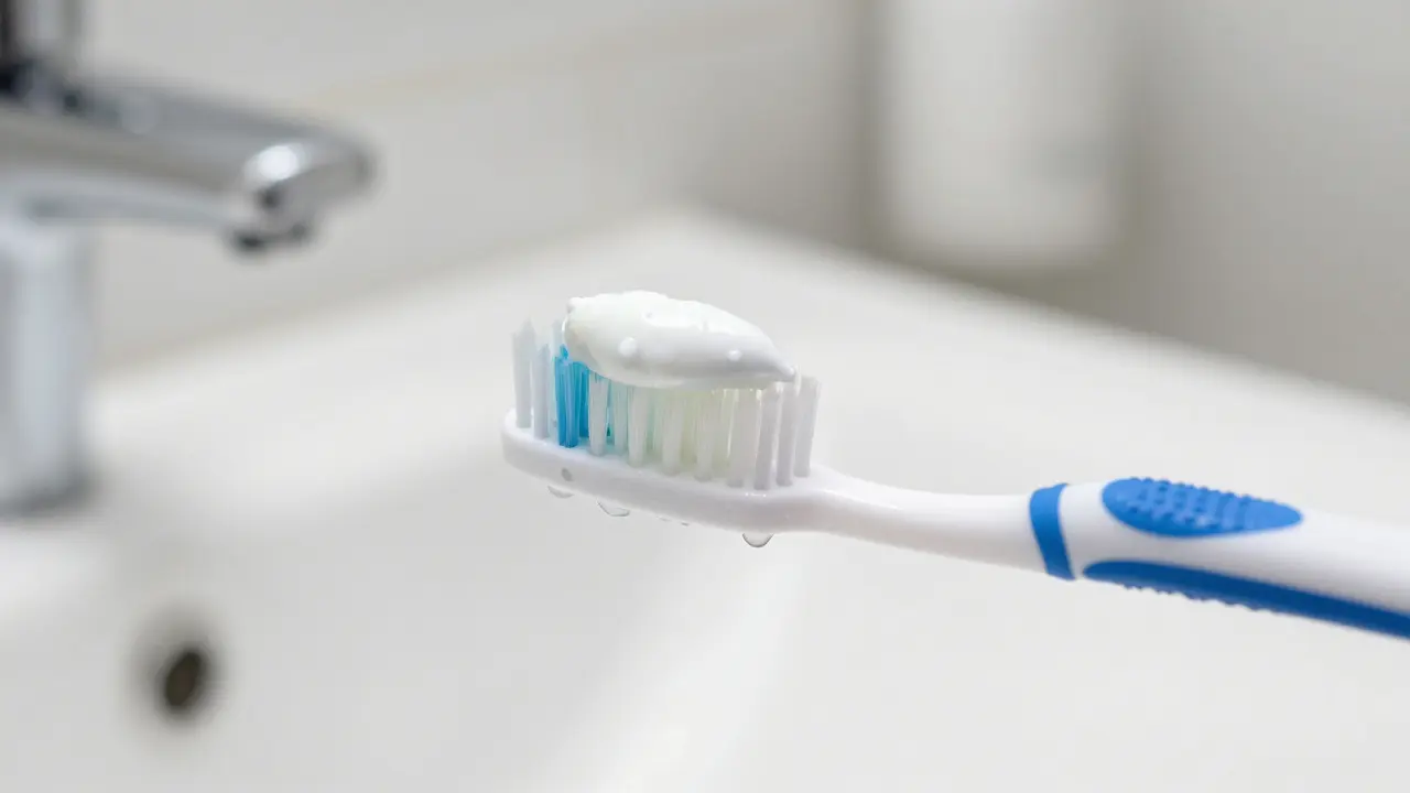 Měkký zubní kartáček s pastou pro citlivé zuby v koupelně.