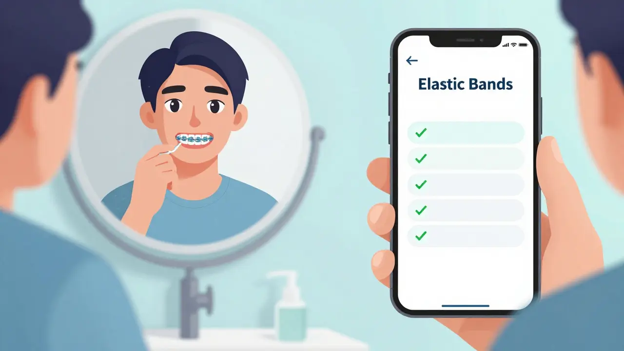 Osoba před zrcadlem nasazuje gumičky na rovnátka s připomínkou v telefonu.