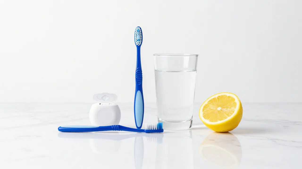 Potřeby pro ústní hygienu a ovocný doplněk stravy.