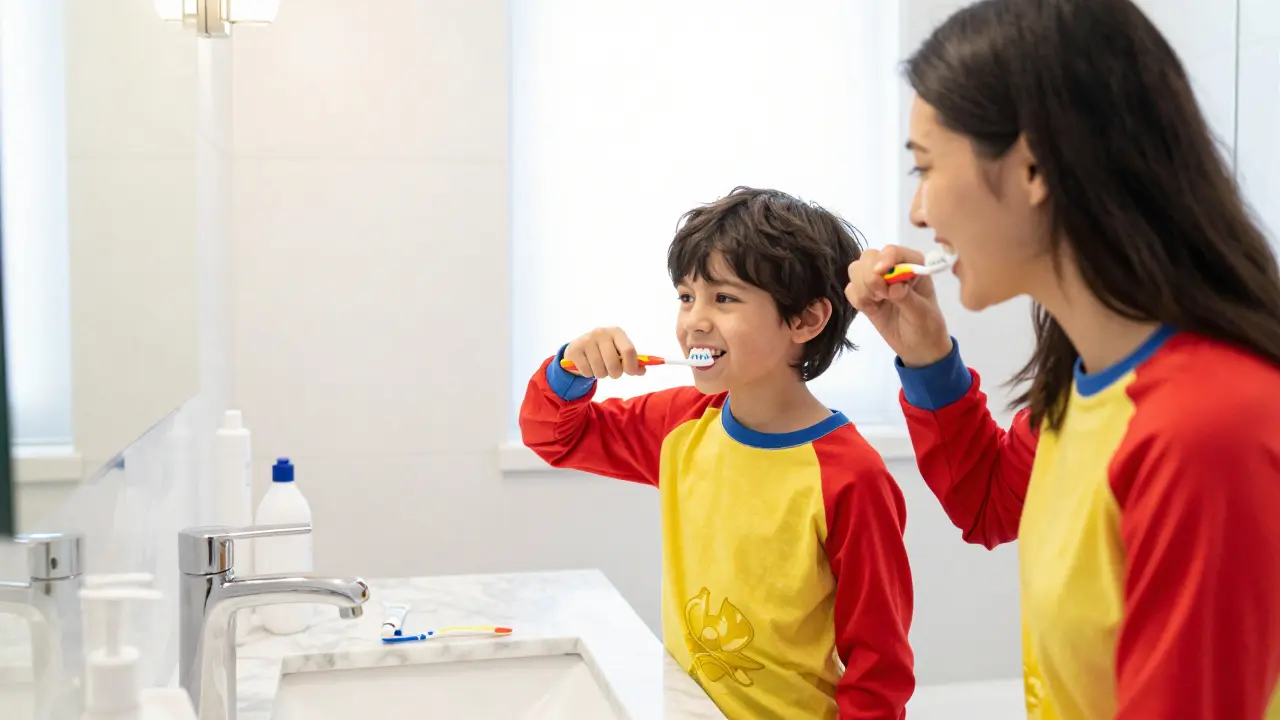 Rodič a dítě společně čistí zuby před zrcadlem v koupelně.