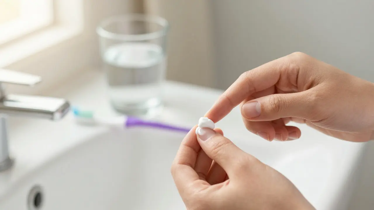 Rodič nanáší remineralizační gel na zuby dítěte v koupelně.