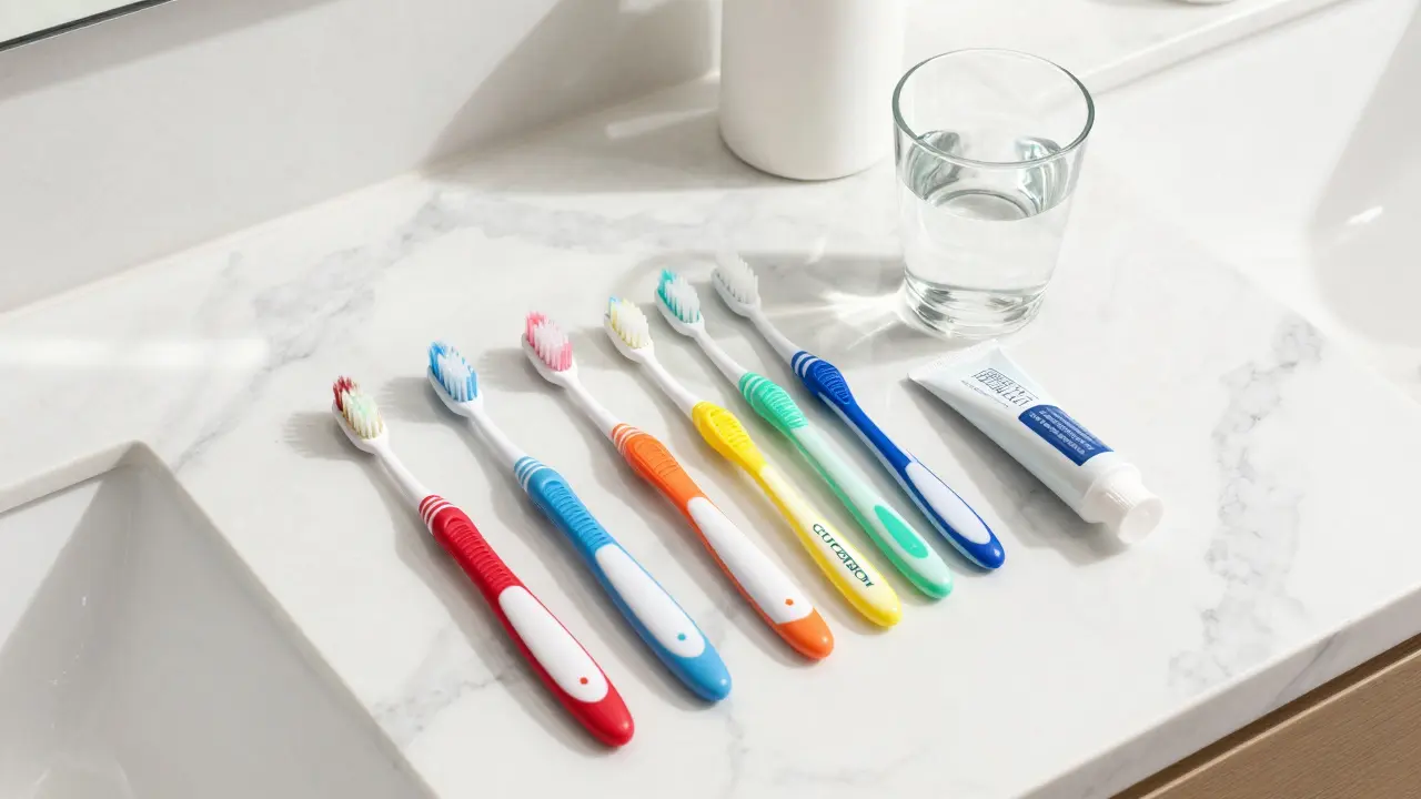 Sada barevných kartáčků Curaprox a mezizubních kartáčků na mramorovém povrchu.