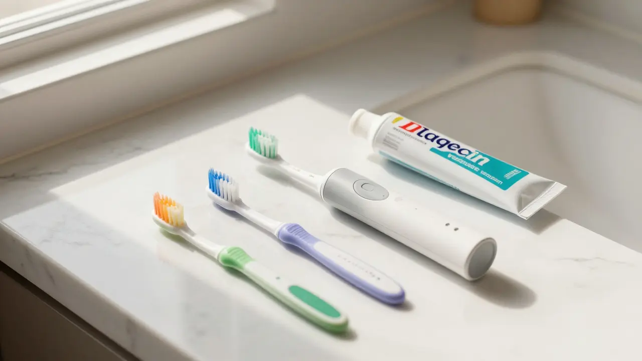 Sada pro domácí péči o zuby včetně elektrického kartáčku a mezizubních kartáčků.