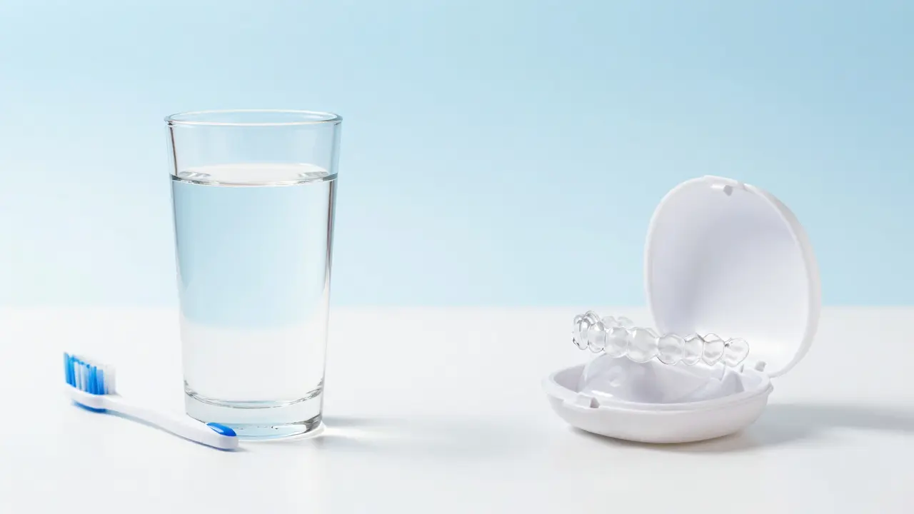 Sada pro hygienu zubů a průhledná snímací rovnátka v čistém, světlém prostředí.