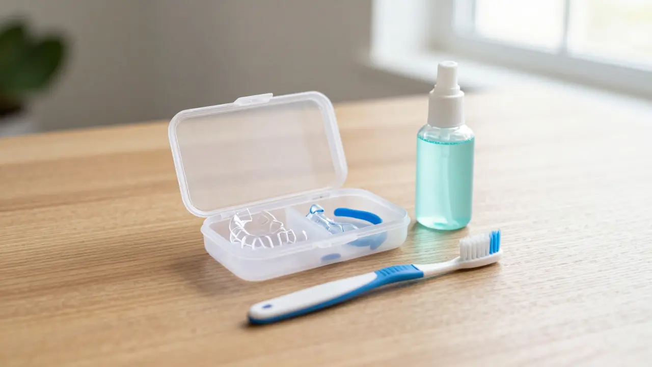 Sada pro péči o alignery obsahující obal, kartáček a čistící gel.