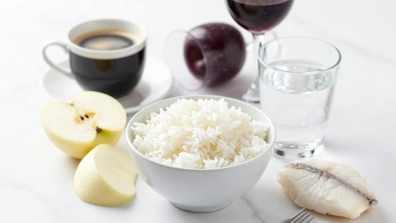 Sestava potravin bílé diety, jako je rýže, jablka a voda.