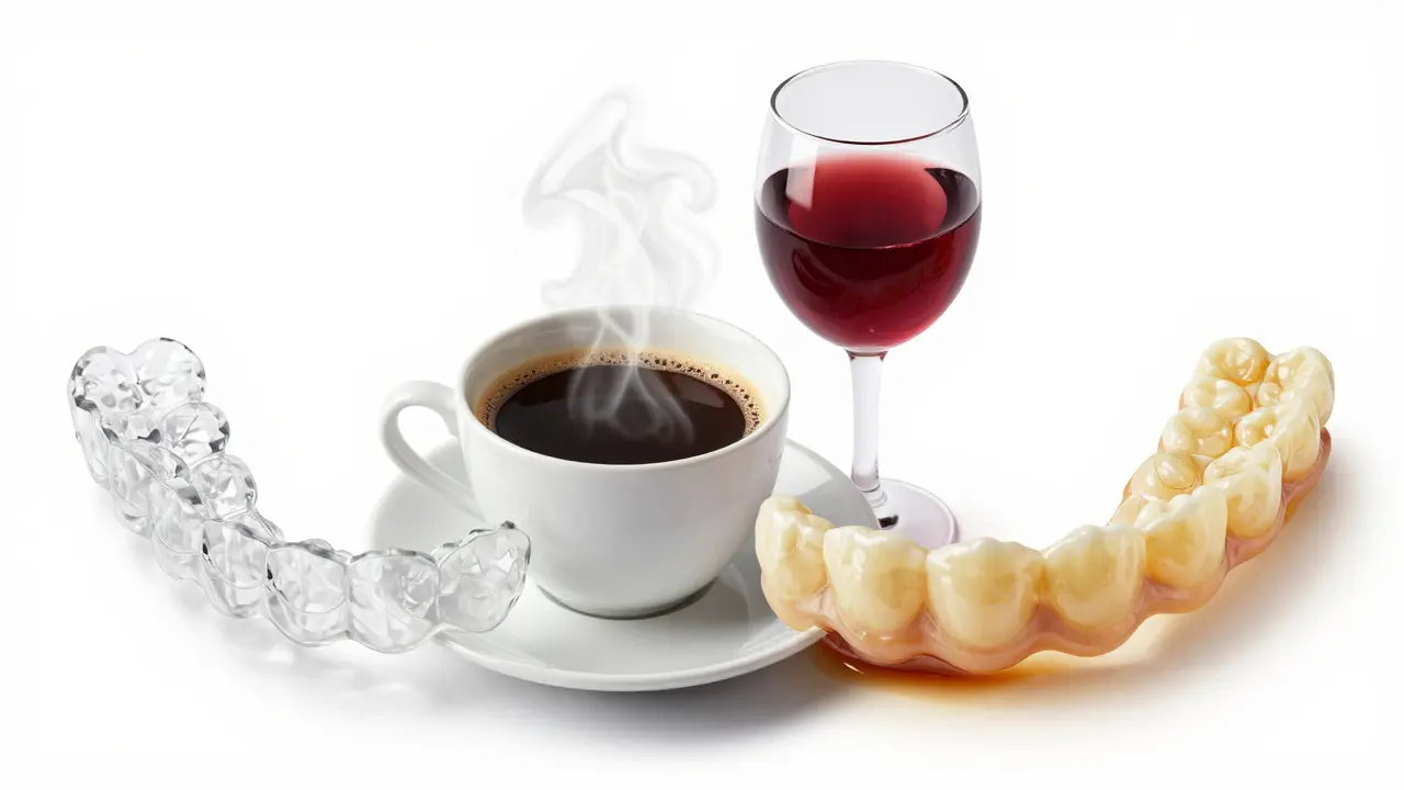 Srovnání čistého a zbarveného aligneru vedle šálku kávy a vína.