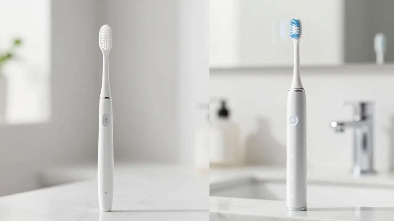 Srovnání klasického manuálního kartáčku a moderního sonického kartáčku v koupelně.