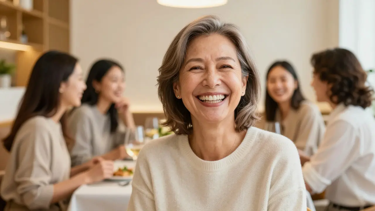 Šťastný člověk s krásným a zdravým úsměvem při večeři s přáteli.