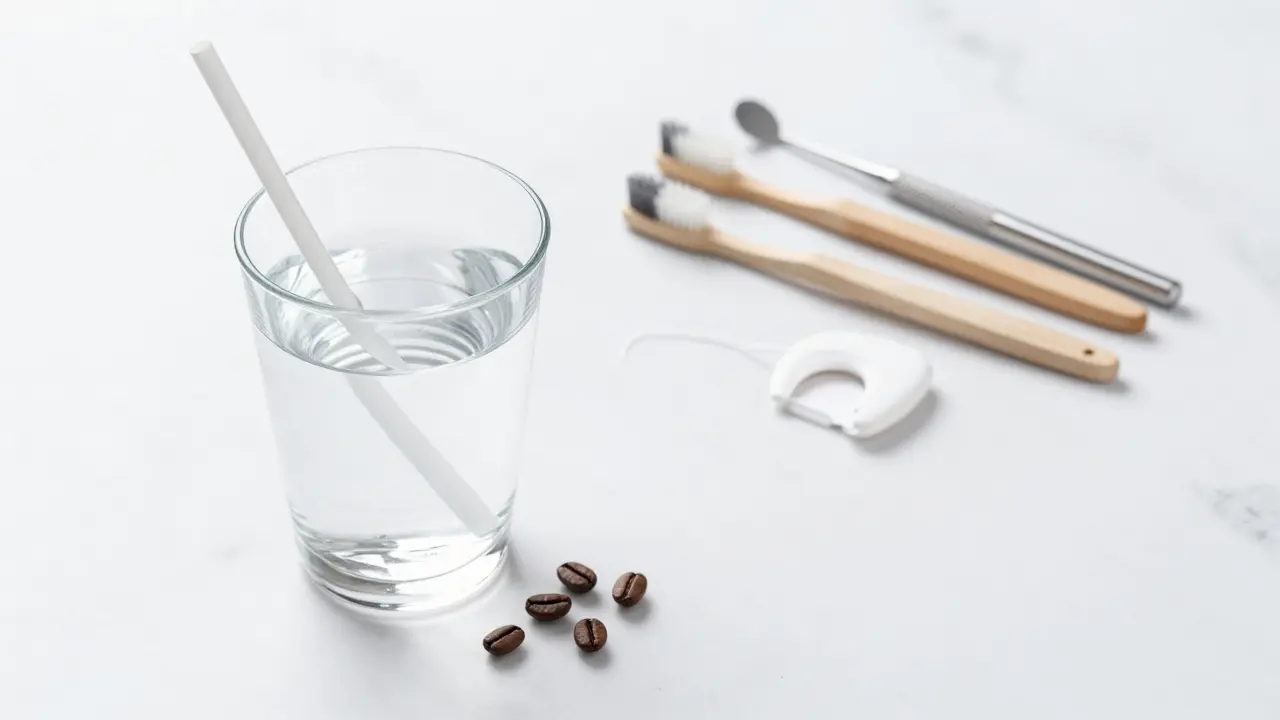 Střevno s brčkem a pomůcky pro dentální hygienu symbolizující prevenci skvrn.