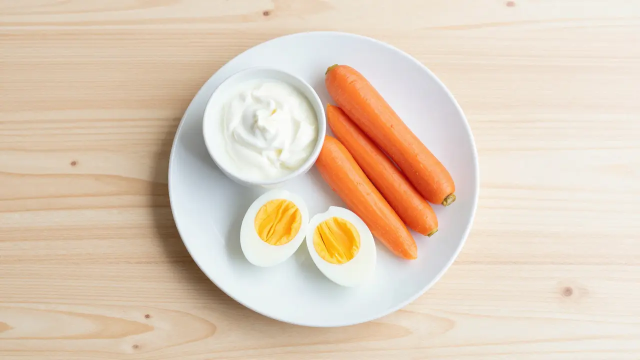 Talerř s měkkými potravinami jako vajíčko a vařená zelenina pro snadné žvýkání.