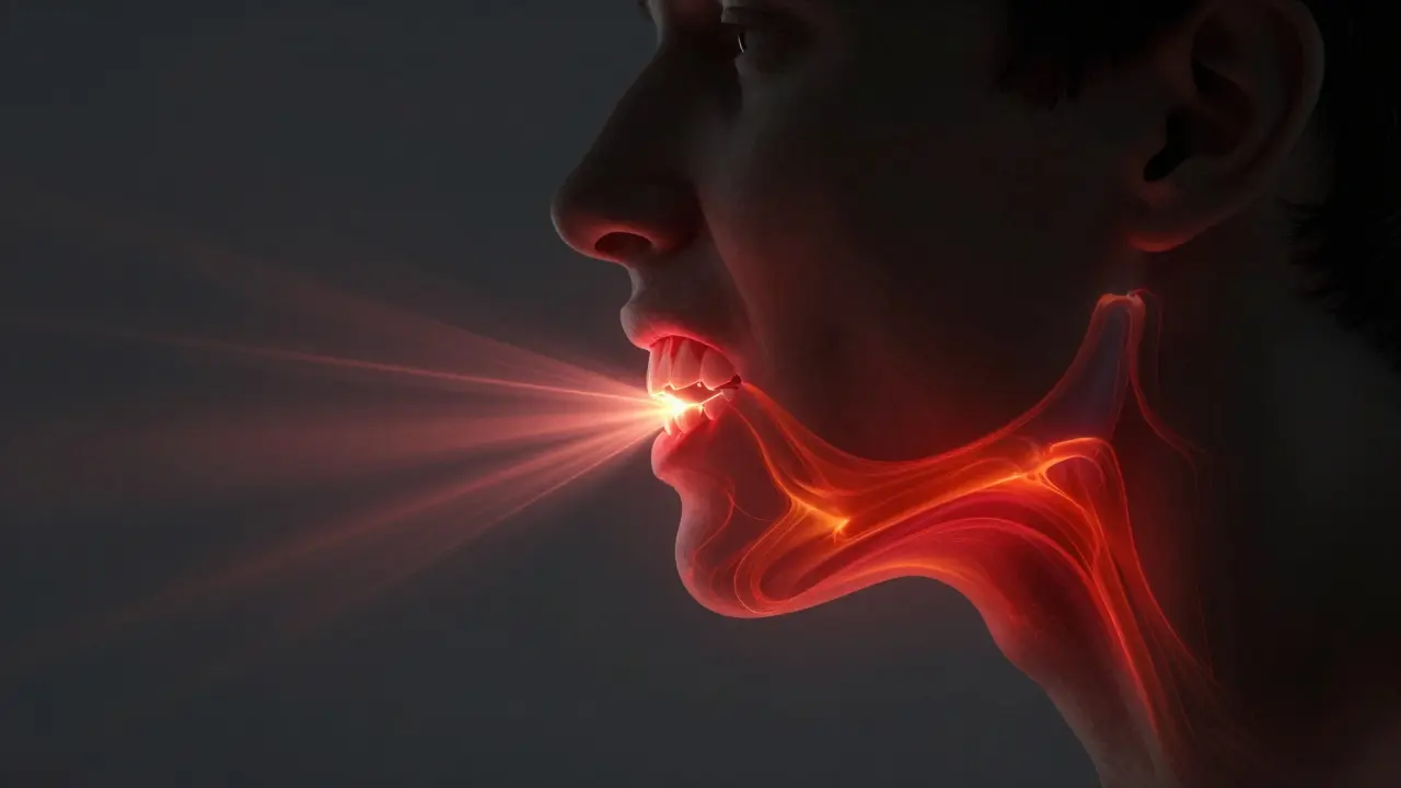 Umělecký obraz znázornující napětí a tlak v čelisti způsobený skřípáním zubů a stresem.