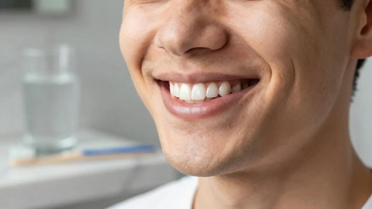 Úsměv osoby s estetickými kompozitními fazetami a důrazem na hygienu.