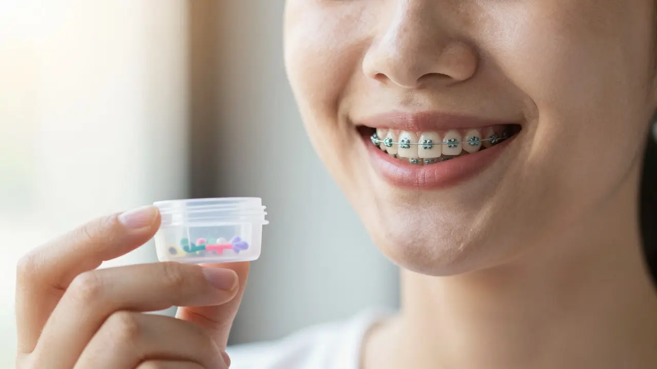 Usměvavá osoba s rovnátky v závěrečné fázi léčby držící pouzdro s náhradními gumičkami.