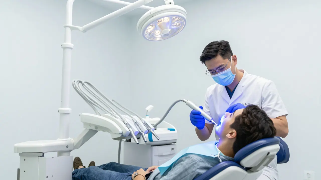 Zubní lékař provádí profesionální laserové bělení zubů v moderní ordinaci.