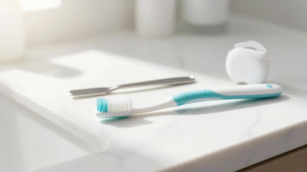 Hygienické pomůcky proti plaku: kartáček, škrabka a nit