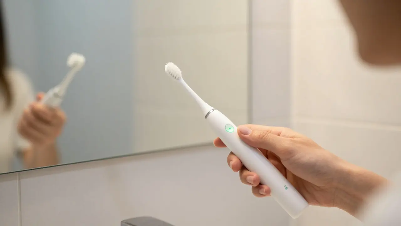Správná technika čištění sonickým kartáčkem pod úhlem 45 stupňů v koupelně.