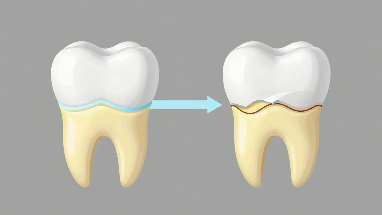 Srovnání zdravého smaltu a erodovaného zubu pro odhalení dentinu