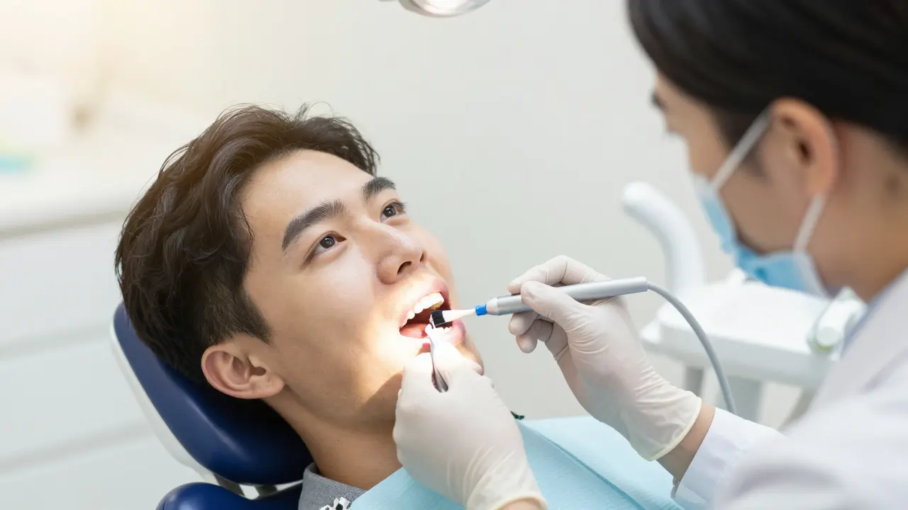 Stomatolog aplikuje fluoridový lak pro úlevu od citlivosti zubů