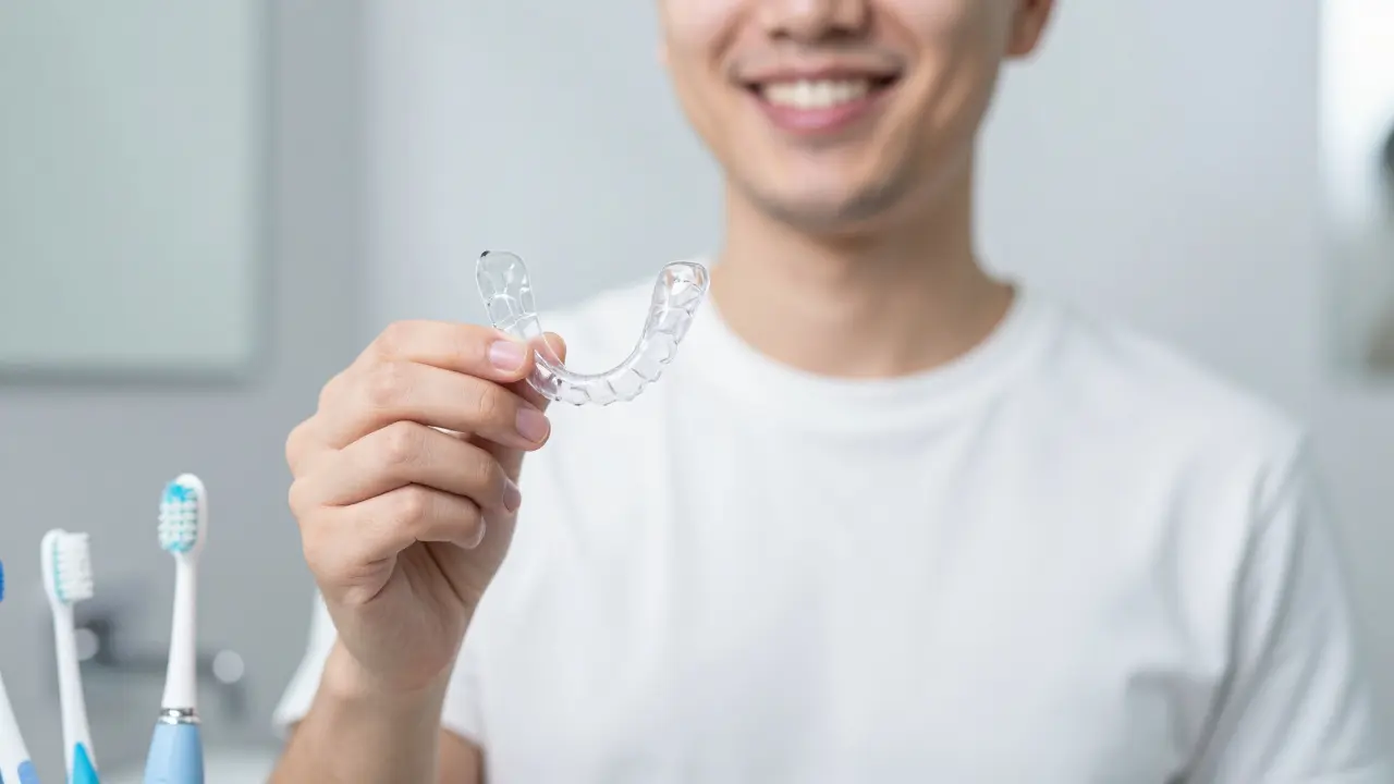 Úsměv osoby s nočním chráničem a hygienickými pomůckami