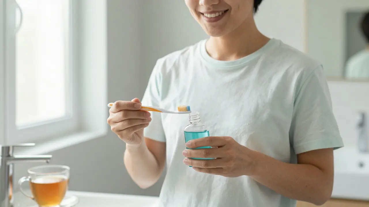 Usmívající se osoba s kartáčkem po čištění zubů v koupelně.