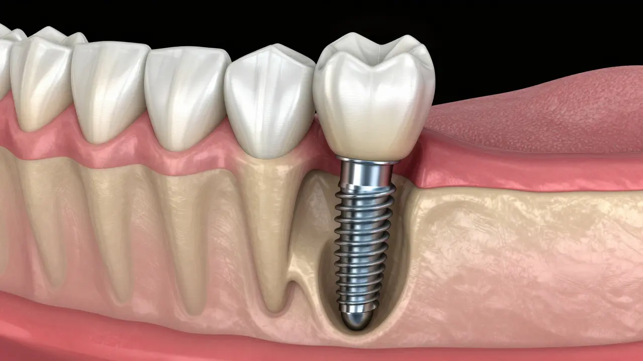 3D ilustrace zubního implantátu ukotveného v čelistní kosti