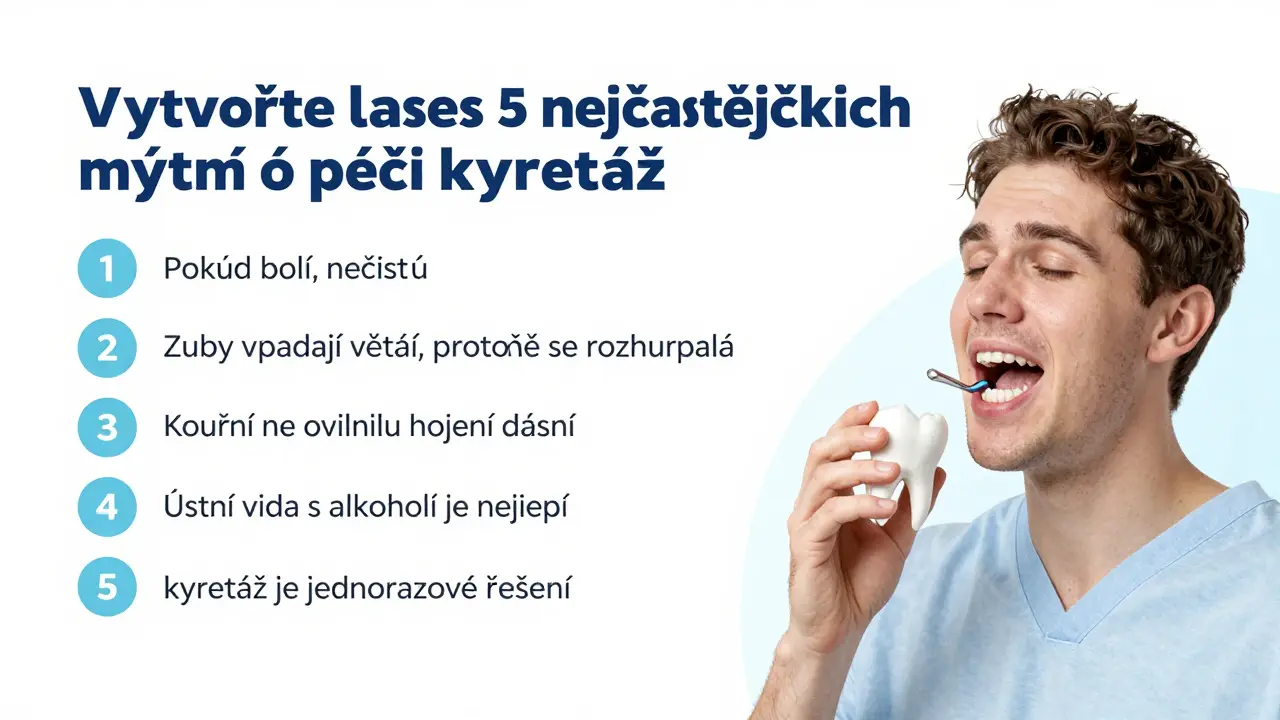 Infografika srovnávající správné a nesprávné návyky po kyretáži. Na jedné straně ikona měkkého kartáče a vlažného pohárku s zaškrtnutím, na druhé straně tvrdý kartáč a horká káva se zákazem. Jednoduchý design, vysoký kontrast pro čitelnost, vhodné pro sociální sítě.