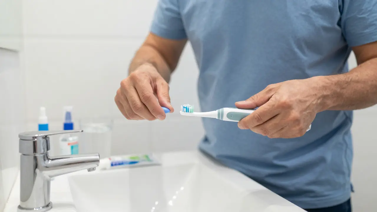 Osoba provádějící důkladnou ústní hygienu s elektrickým kartáčkem