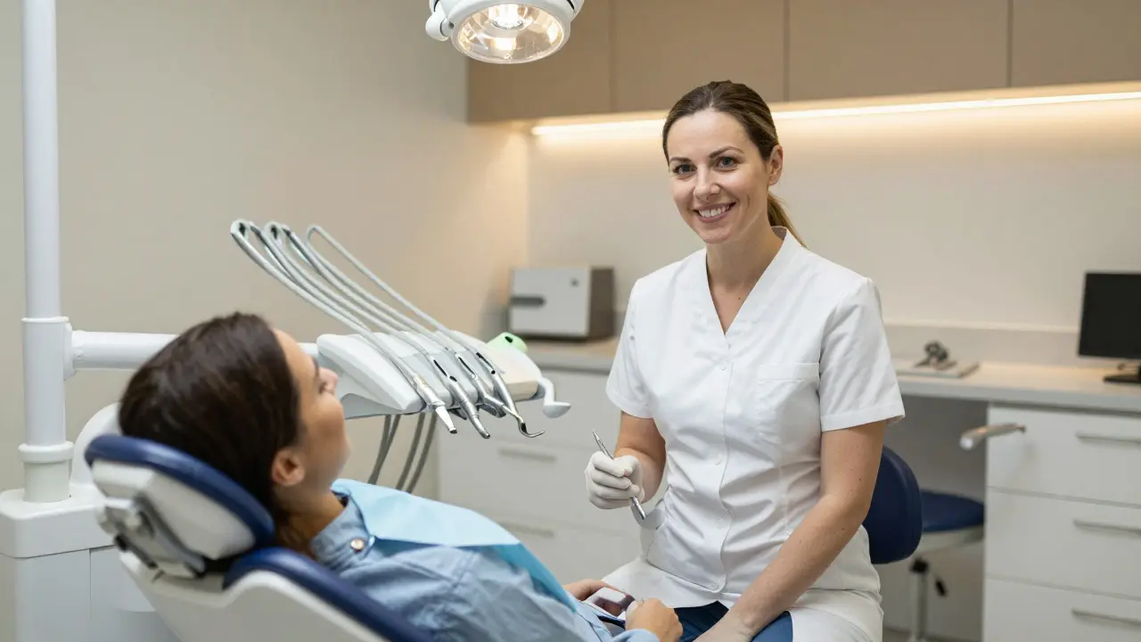 Profesionální dentální hygienista s pacientem v moderní ordinaci
