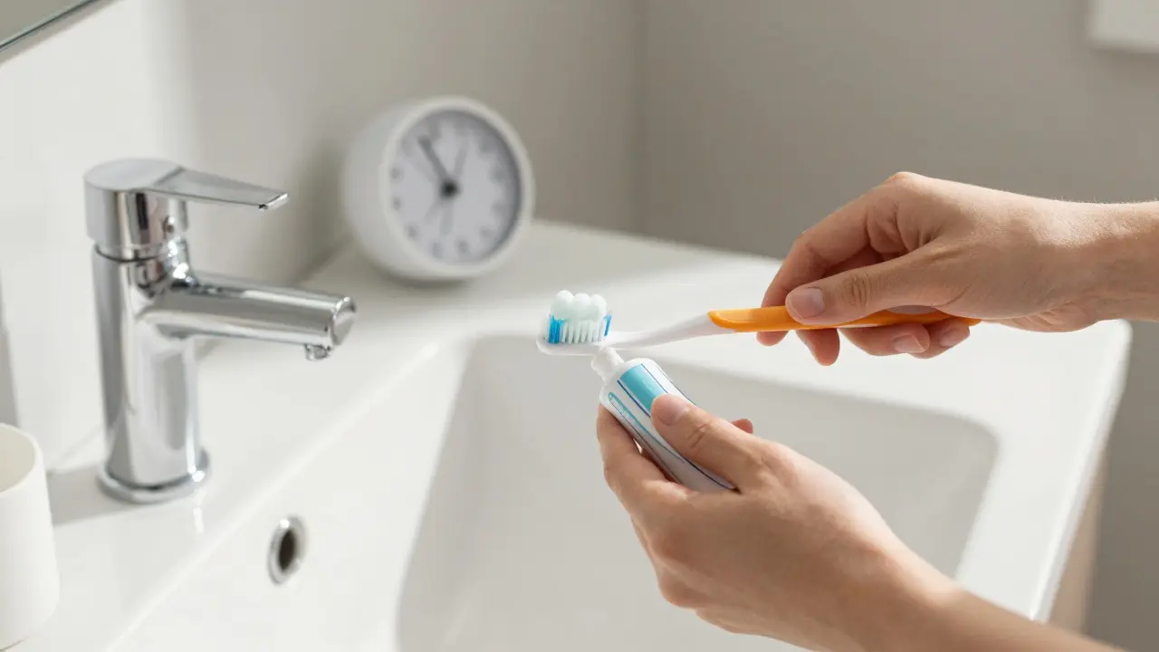 Ruka drží kartáček s pastou nad umyvadlem při ranní hygieně