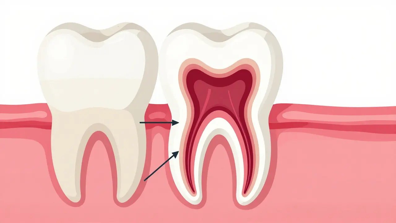 Schéma zánětu nervu uvnitř předního zubu