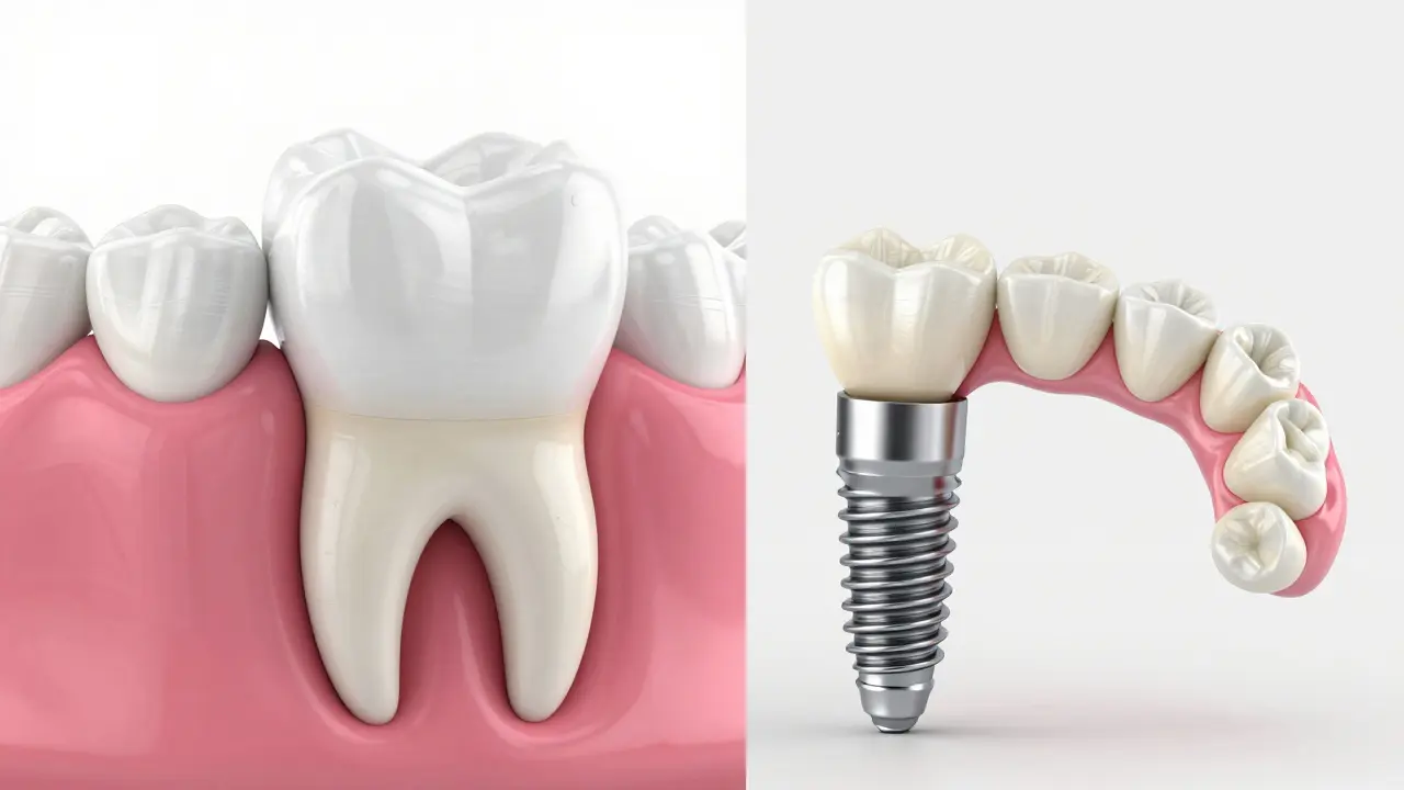 Srovnání zubního implantátu, můstku a protézy jako náhrady zubu