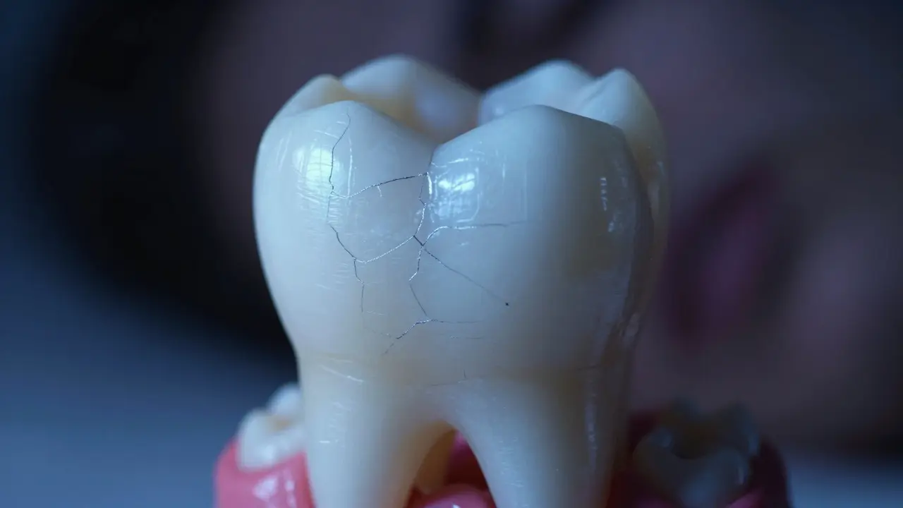 Stolička s mikroprasklinami způsobenými nočním broušením