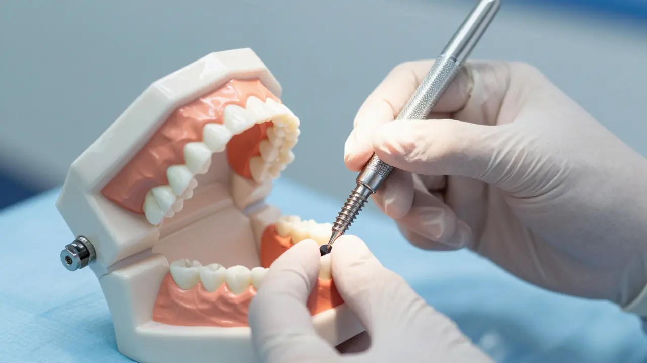 Zubní chirurg instaluje titánový implantát do čelisti pacienta