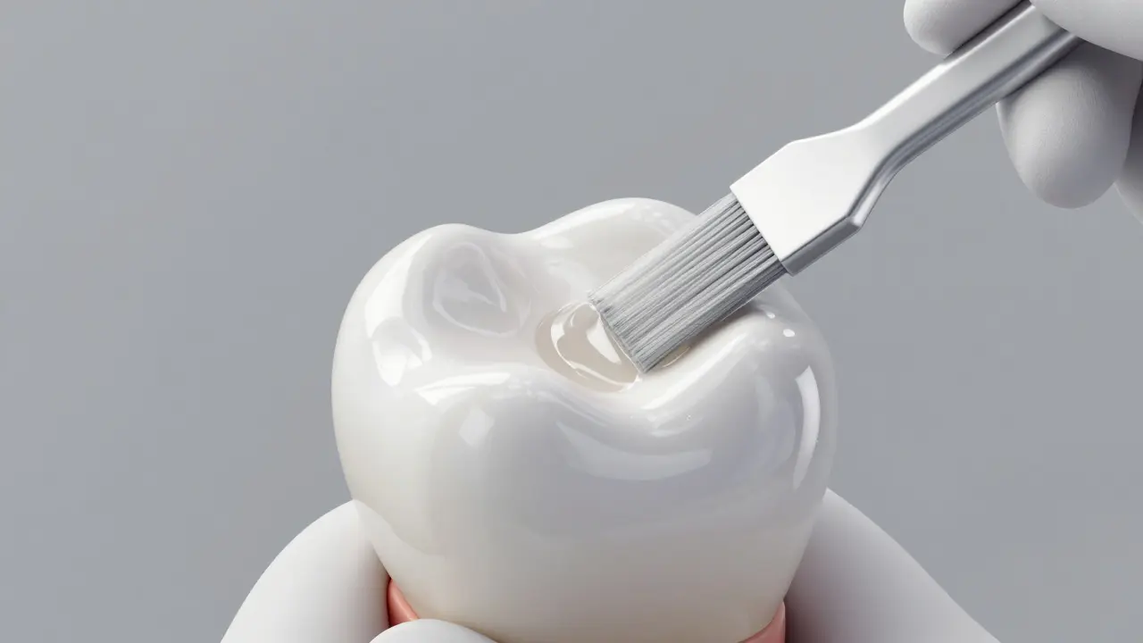 Zubní lékař aplikuje ochrannou fluoridovou glazuru na citlivý kořen zubu.