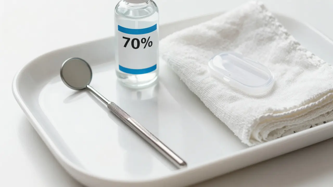 Dentální zrcadlo, alkohol a hadřík pro čištění