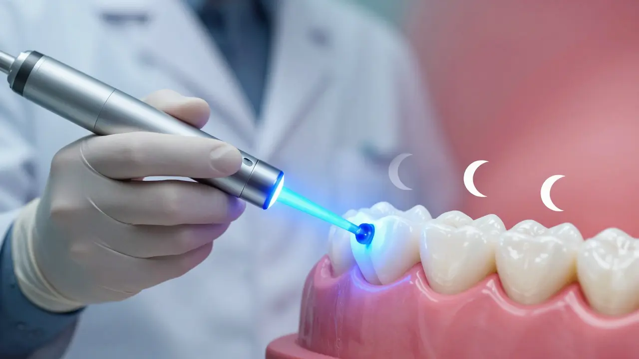 Dentista používá světlo k vytvrzení kompozitu na zubu