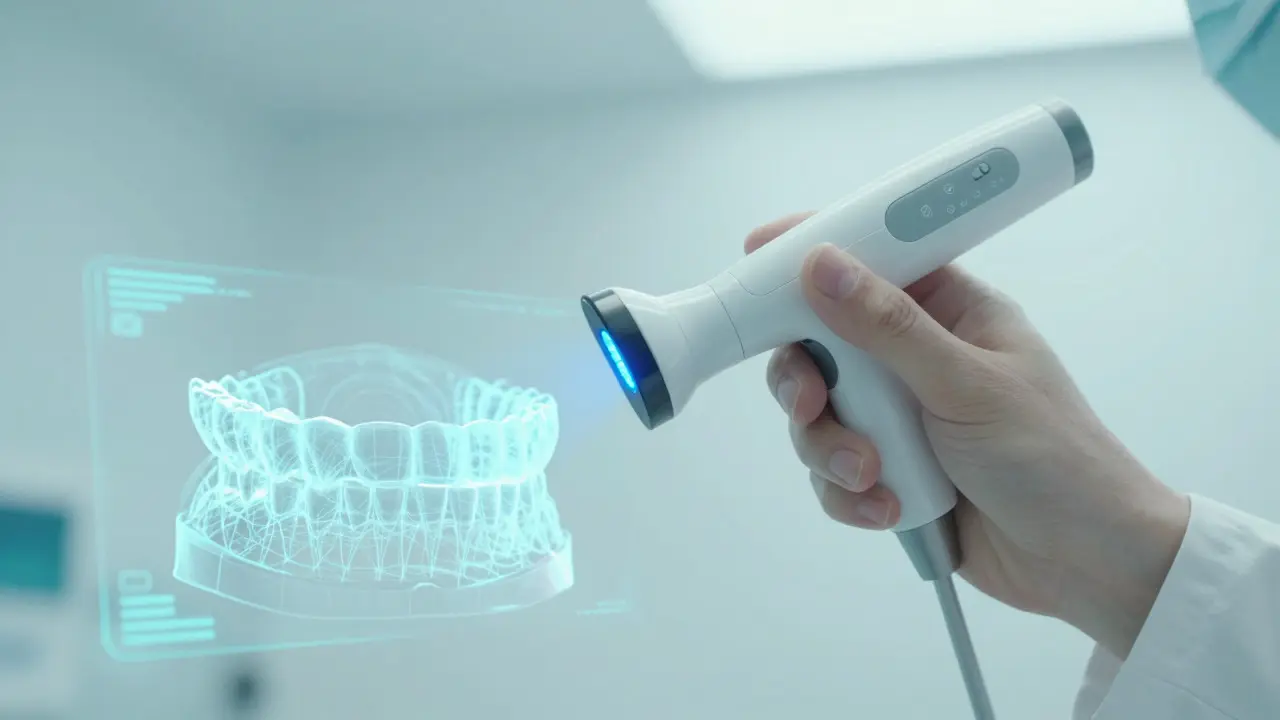 Digitální skener zobrazující 3D model zubů v holografickém rozhraní