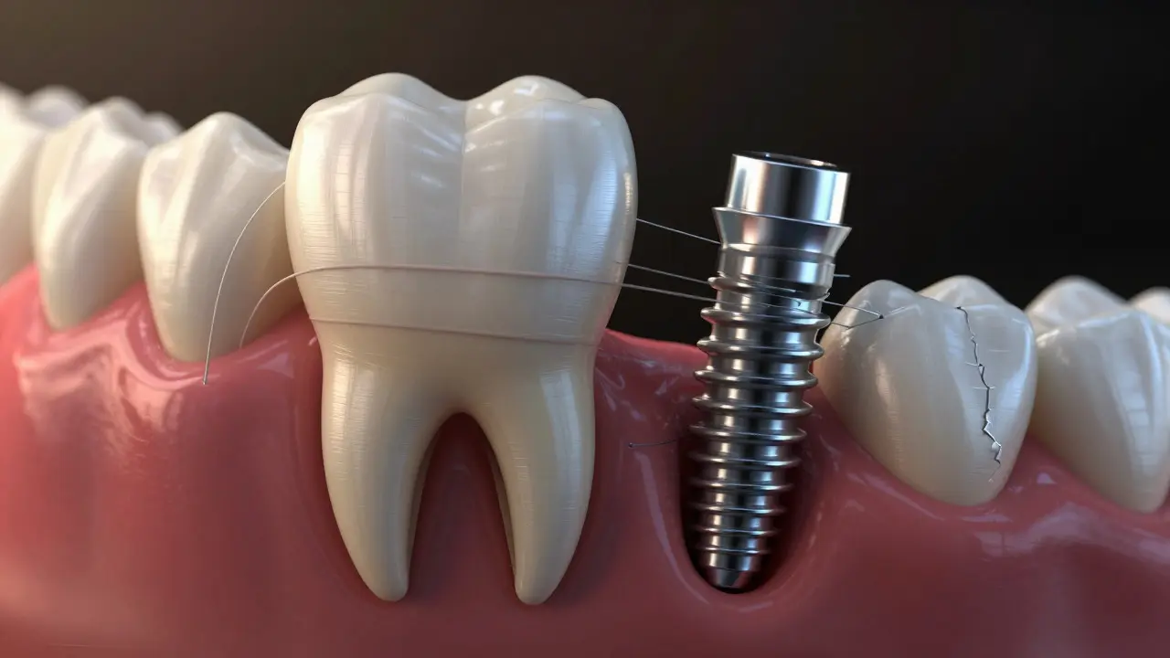 Konceptuální obrázek porovnávající přirozený zub a implantát při broušení