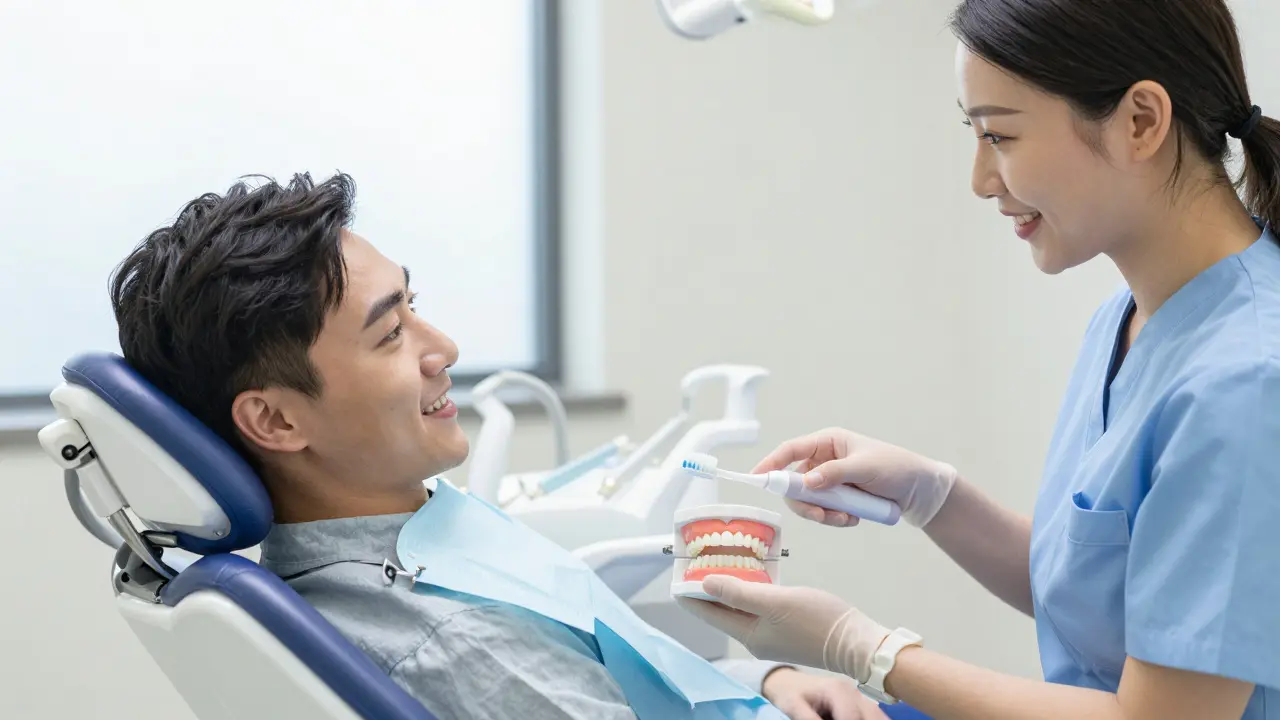 Pacient s dentálním hygienikem při konzultaci péče o zuby