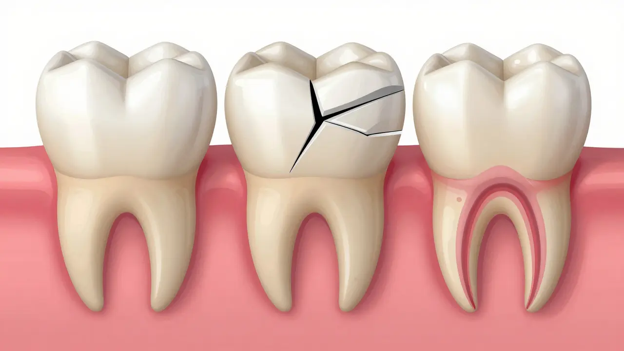 Schéma tří stupňů poškození předního zubu: sklovina, dentin, nerv
