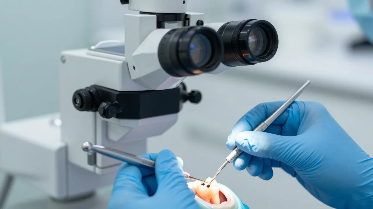 Zubní lékař používá mikroskop a nástroje při endodontické léčbě kořenových kanálků