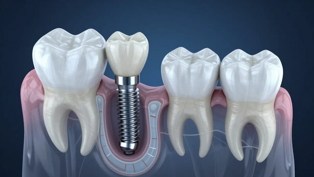 3D ilustrace zubního implantátu a mostu v čelisti