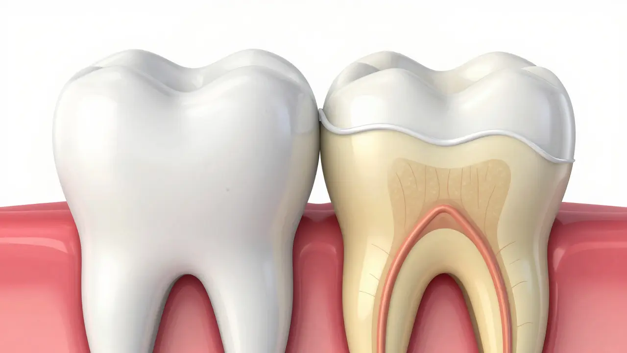 Anatomický řez zubem ukazující rozdíl mezi sklovinou a dentinem