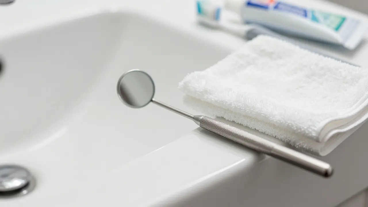 Čisté dentální zrcátko ležící na keramické umyvadle vedle hadříku pro údržbu