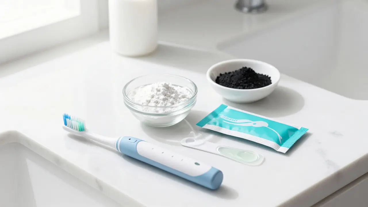 Domácí bělicí produkty včetně pásek, sody bikarbónové a aktivního uhlí na mramorovém pultu
