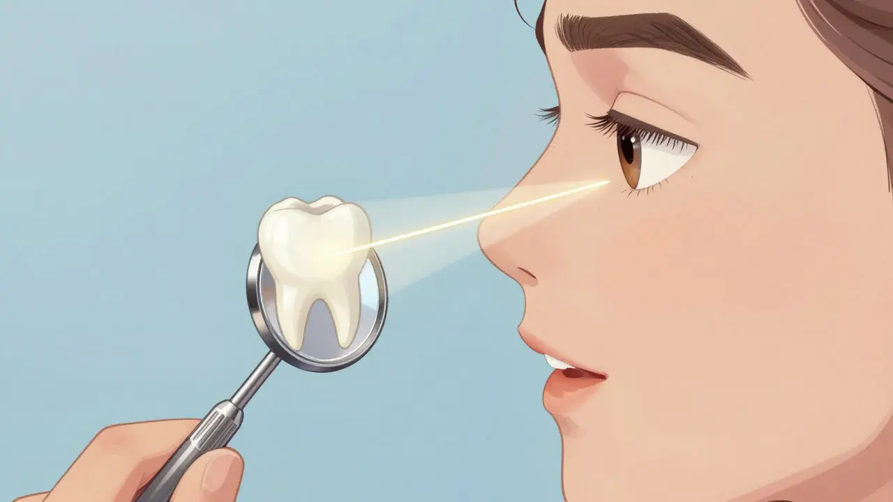 Konceptuální ilustrace odrazu světla od zadní stěny zubu do oka pomocí zrcátka