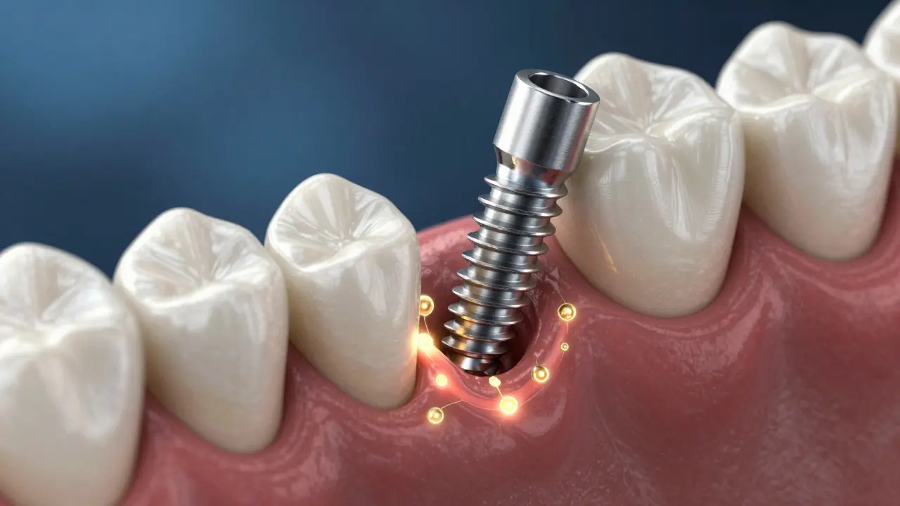 Konceptuální ilustrace srůstání kosti s titánovým implantátem v čelisti
