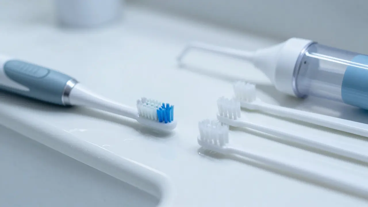 Nástroje na ústní hygienu: kartáček, mezizubní štětce a hubice